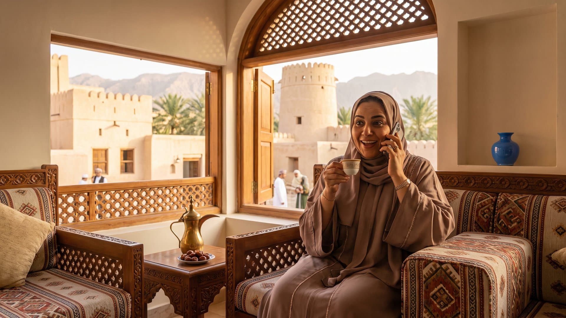 امرأة في بيتها تتحدث على الهاتف مندهشة وسعيدة بما تسمعه