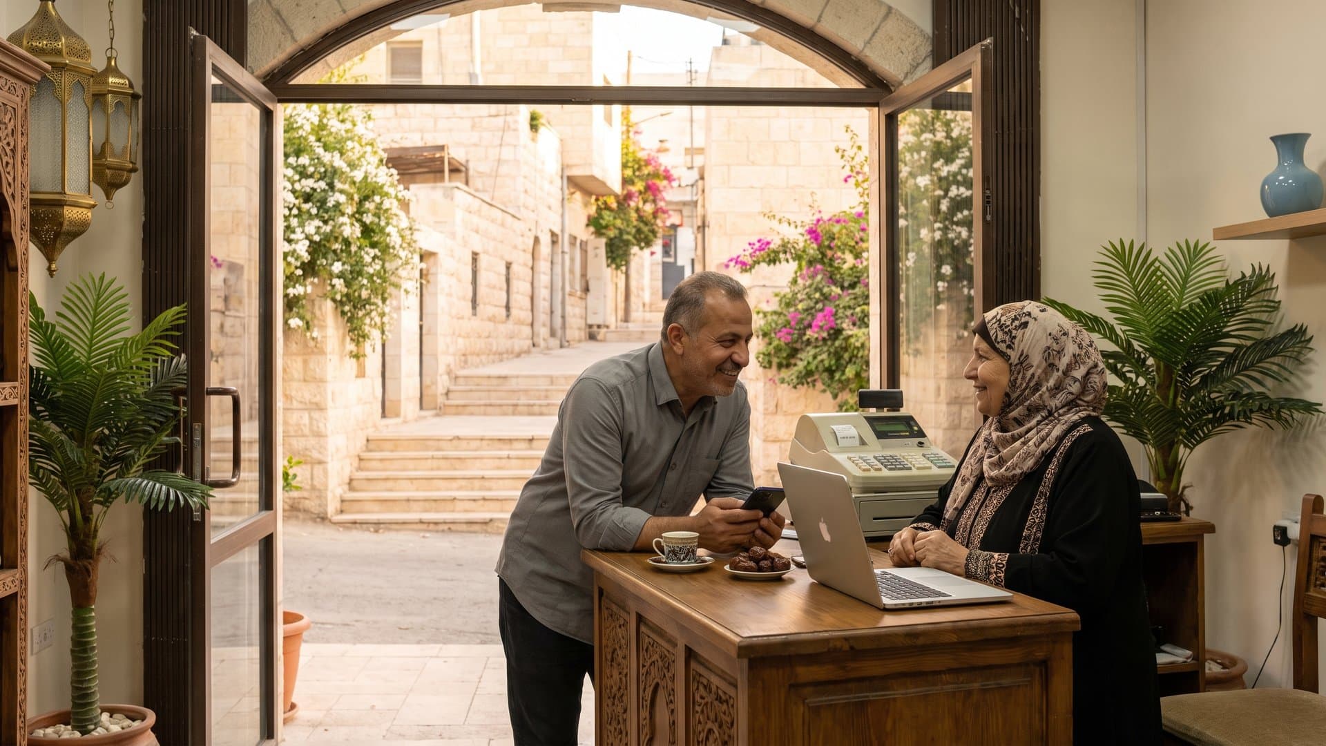 صاحبة متجر تستخدم هاتفها خلف المنضدة وهي تتحدث مع زبون