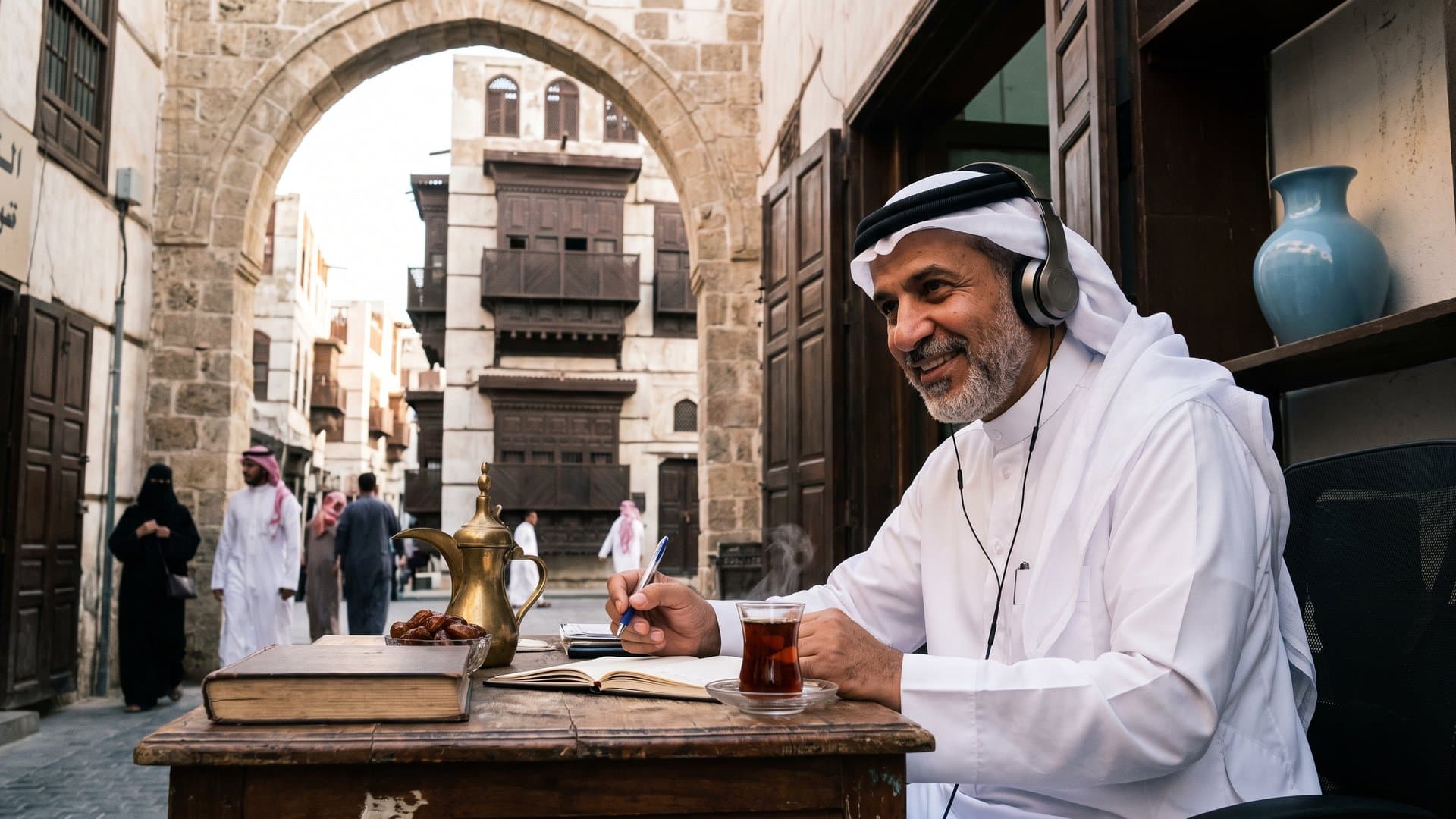صاحب متجر يستمع إلى مكالمة بسماعات ويدوّن الملاحظات