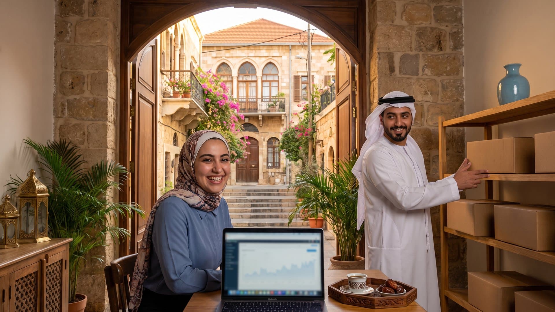 صاحبة متجر إلكتروني تبتسم أمام الحاسوب والطرود جاهزة على الرف