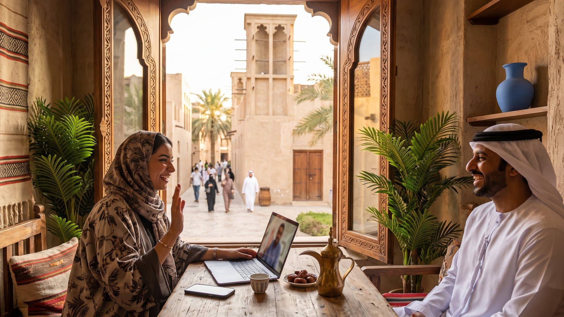 طاولة قرب النافذة عليها حاسوب وهاتف وفنجان قهوة عربية