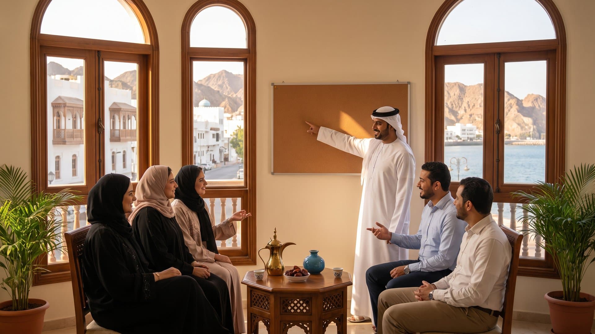 فريق مجموعة عيادات في قاعة اجتماعات مشرقة بنوافذ مقوسة