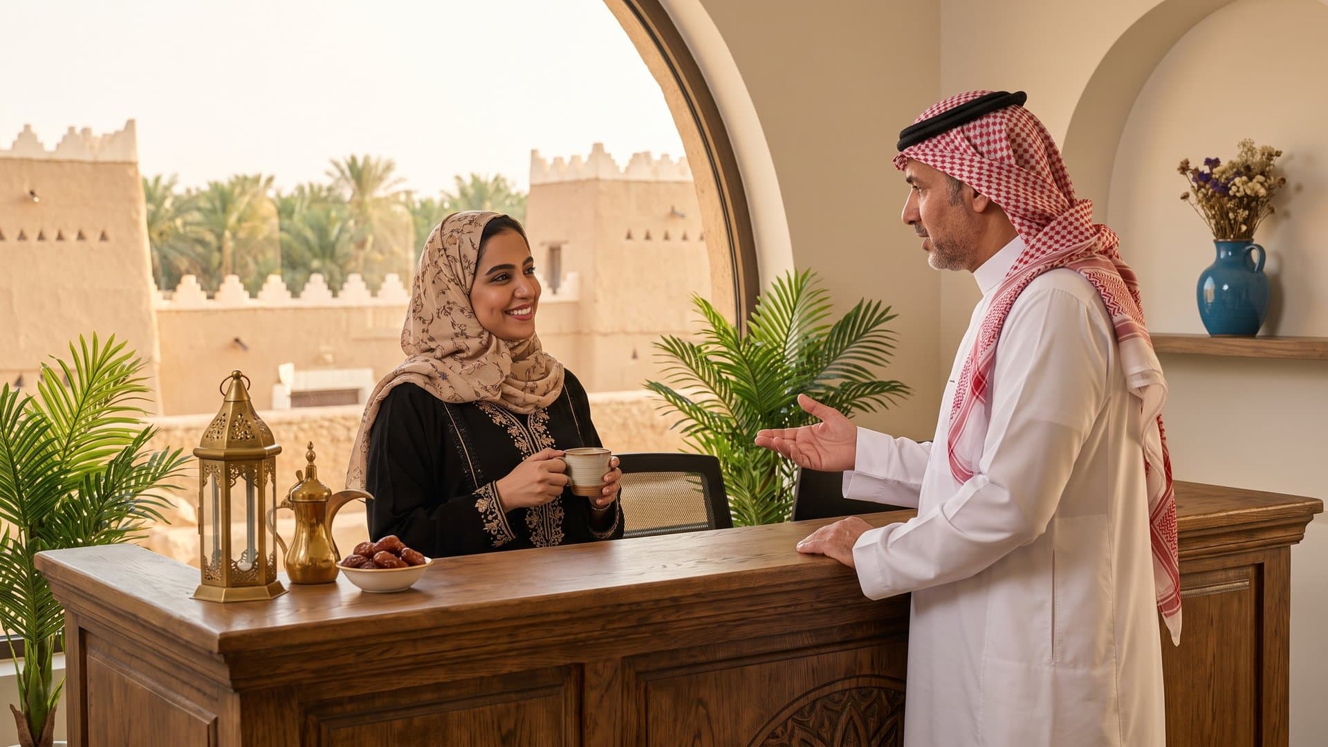 موظفة استقبال تبتسم وتجيب عن سؤال أحد العملاء