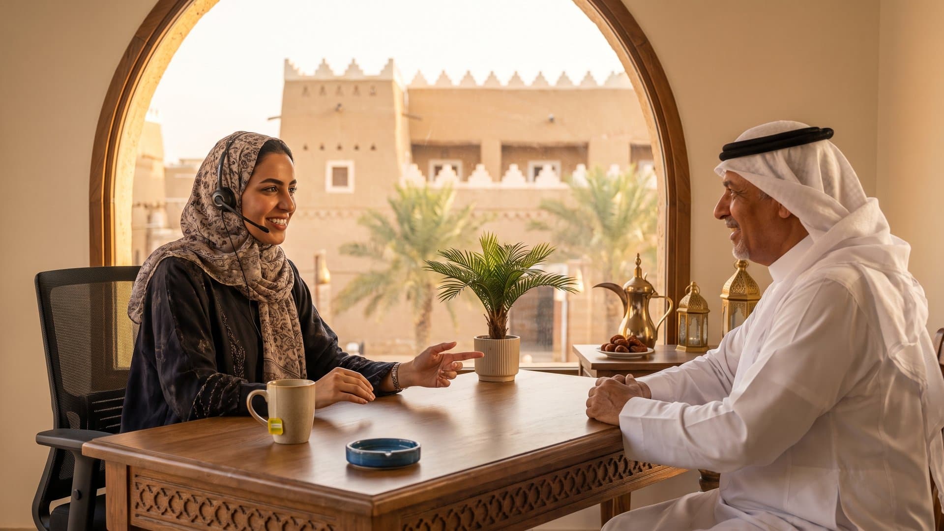 موظفة دعم ودودة بسماعة رأس تساعد أحد العملاء