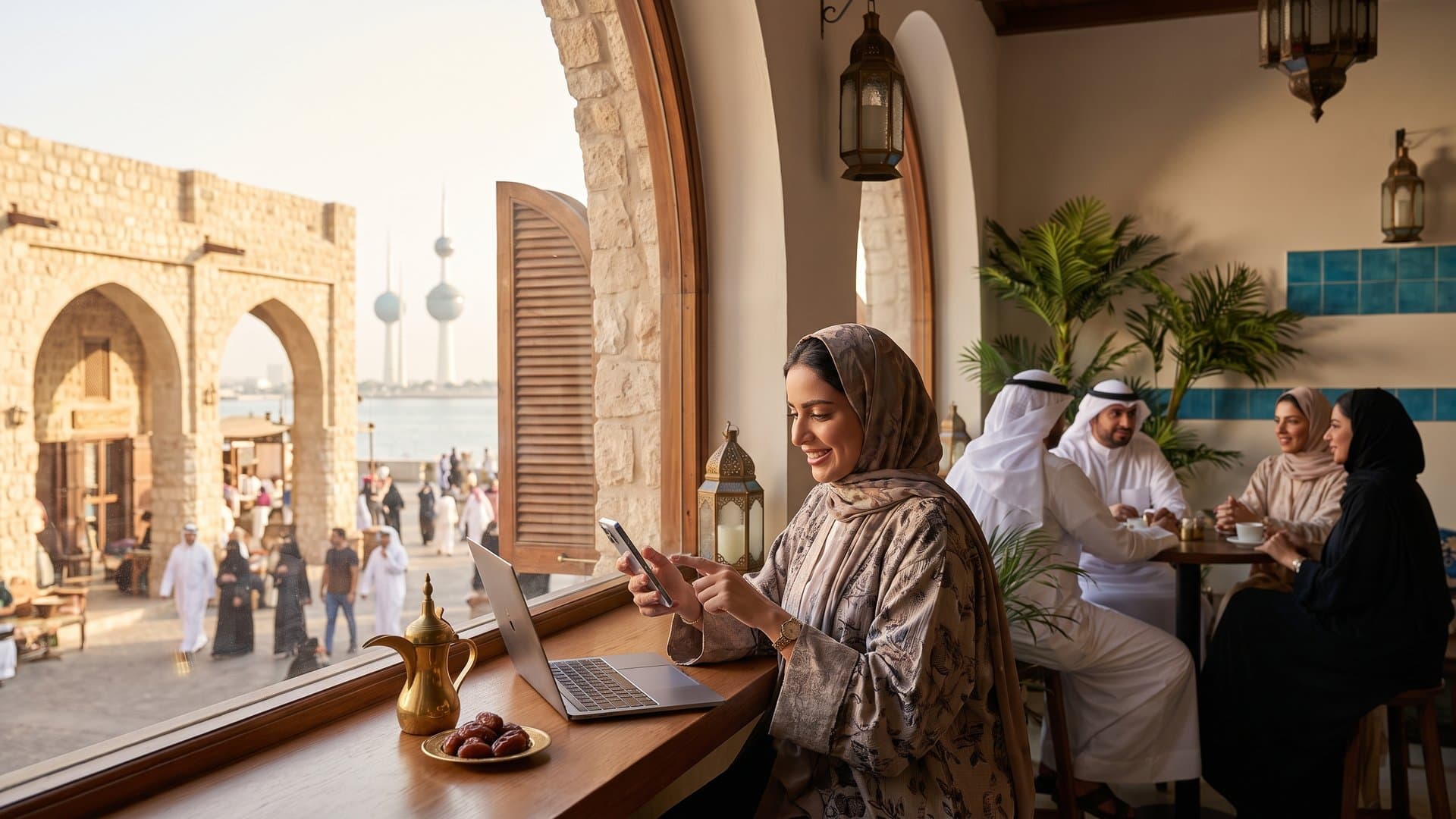صاحبة مقهى تضبط كل شيء على الحاسوب بينما يضيء هاتفها على المنضدة
