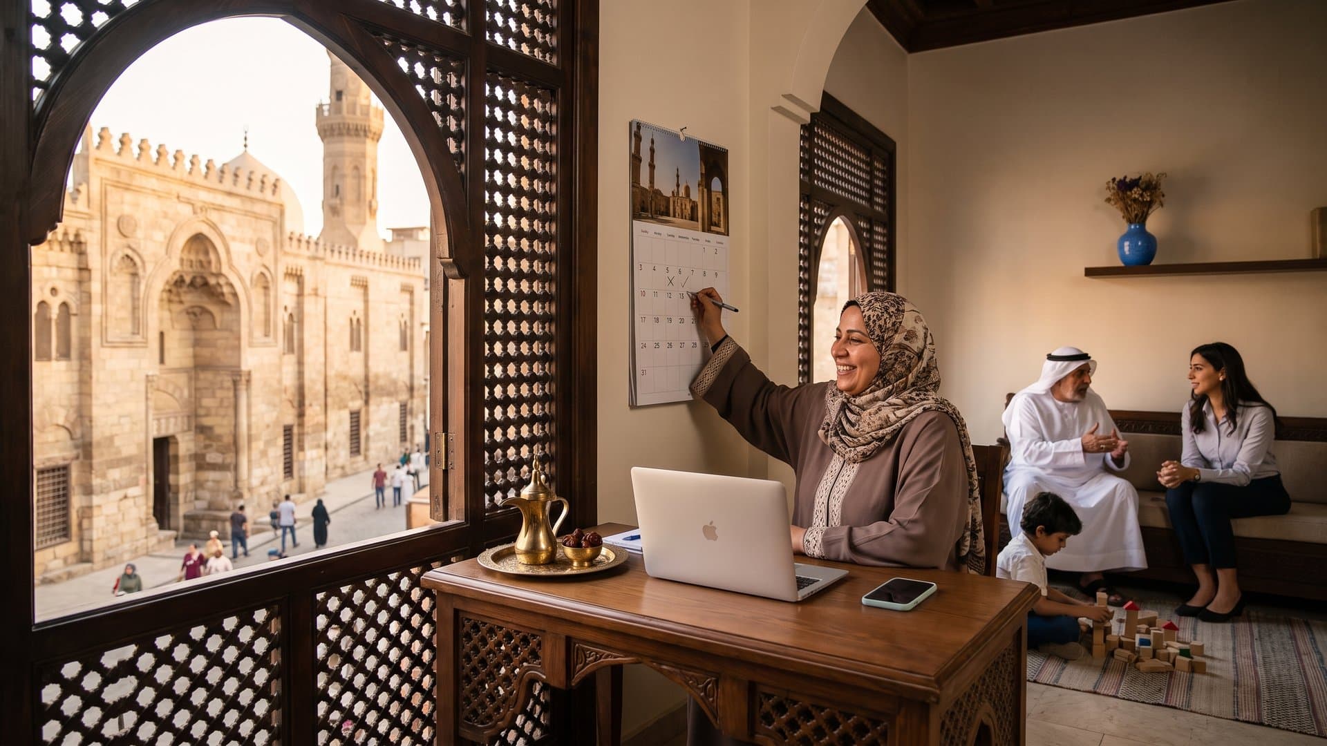 مكتب صغير مرتب فيه حاسوب وتقويم حائط وهاتف