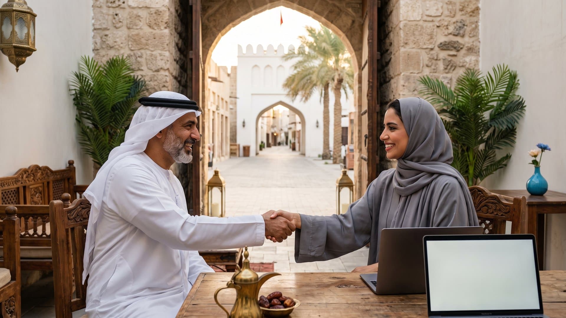 صاحبا عملين صغيرين يتصافحان في مساحة عمل مشتركة داخل مبنى تراثي