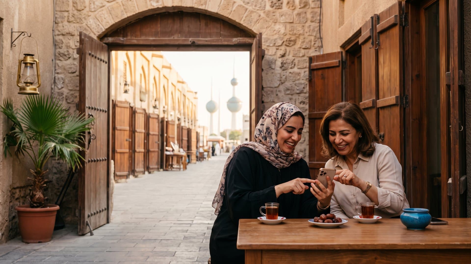 صديقتان تديران عملين محليين تتحدثان على طاولة مقهى في زقاق قديم