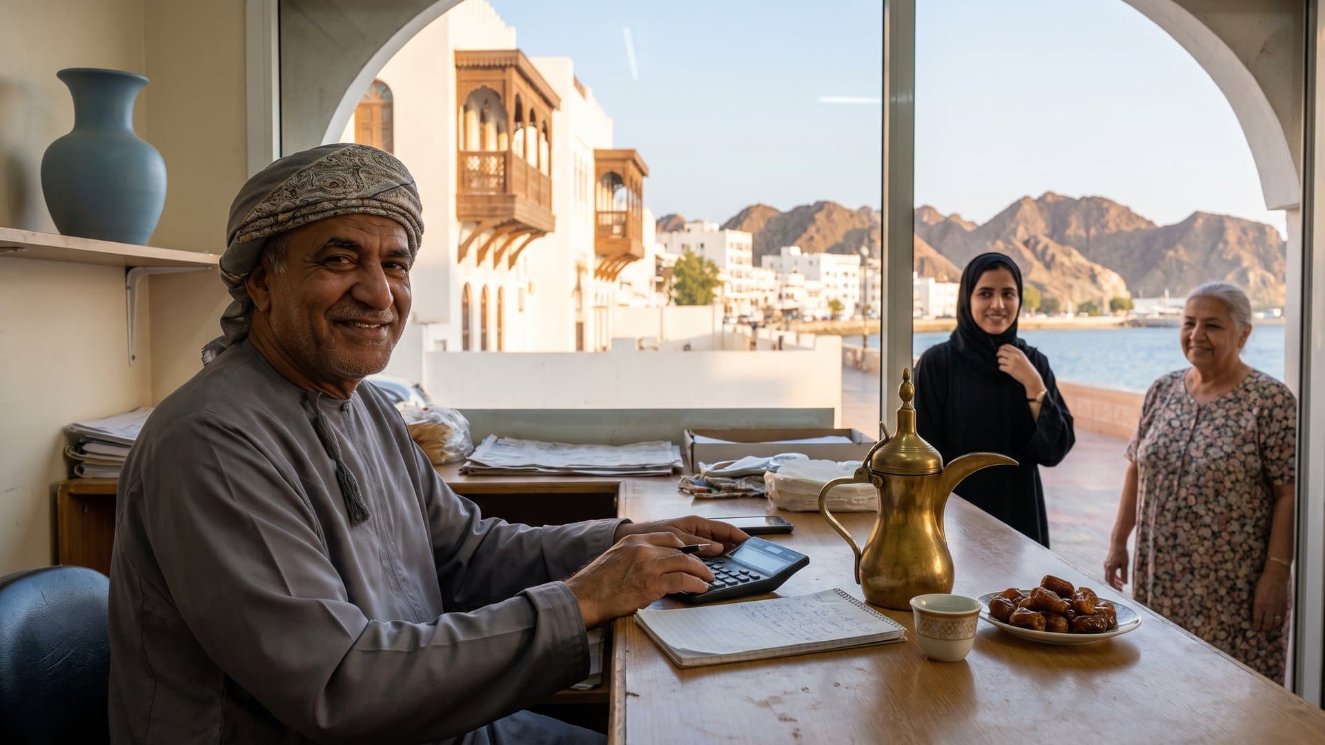 صاحبة مخبز صغير تحسب الأرقام بالآلة الحاسبة والدفتر عند المنضدة