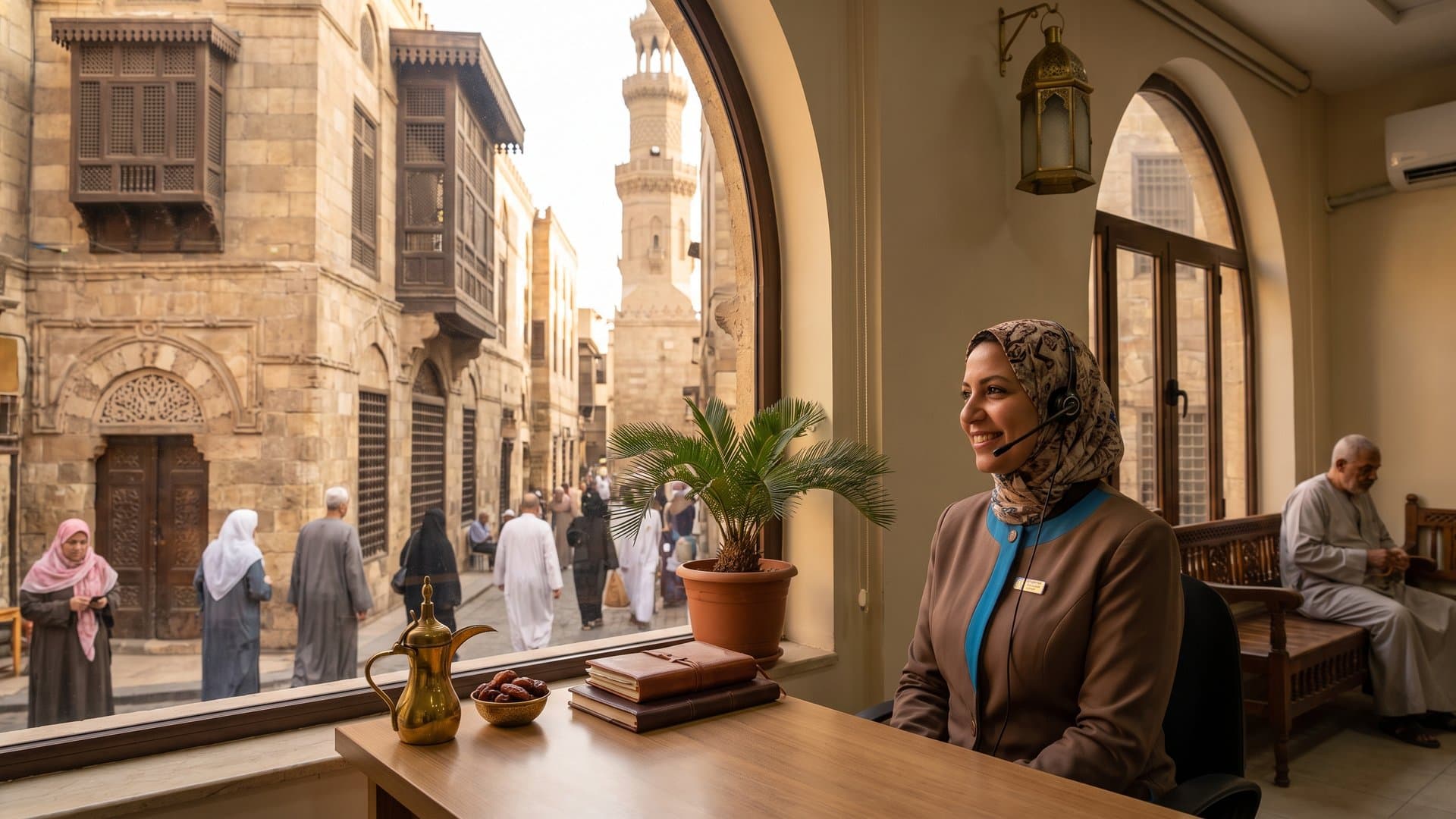 موظفة استقبال في عيادة عائلية ترد على مكالمة بسماعة رأس